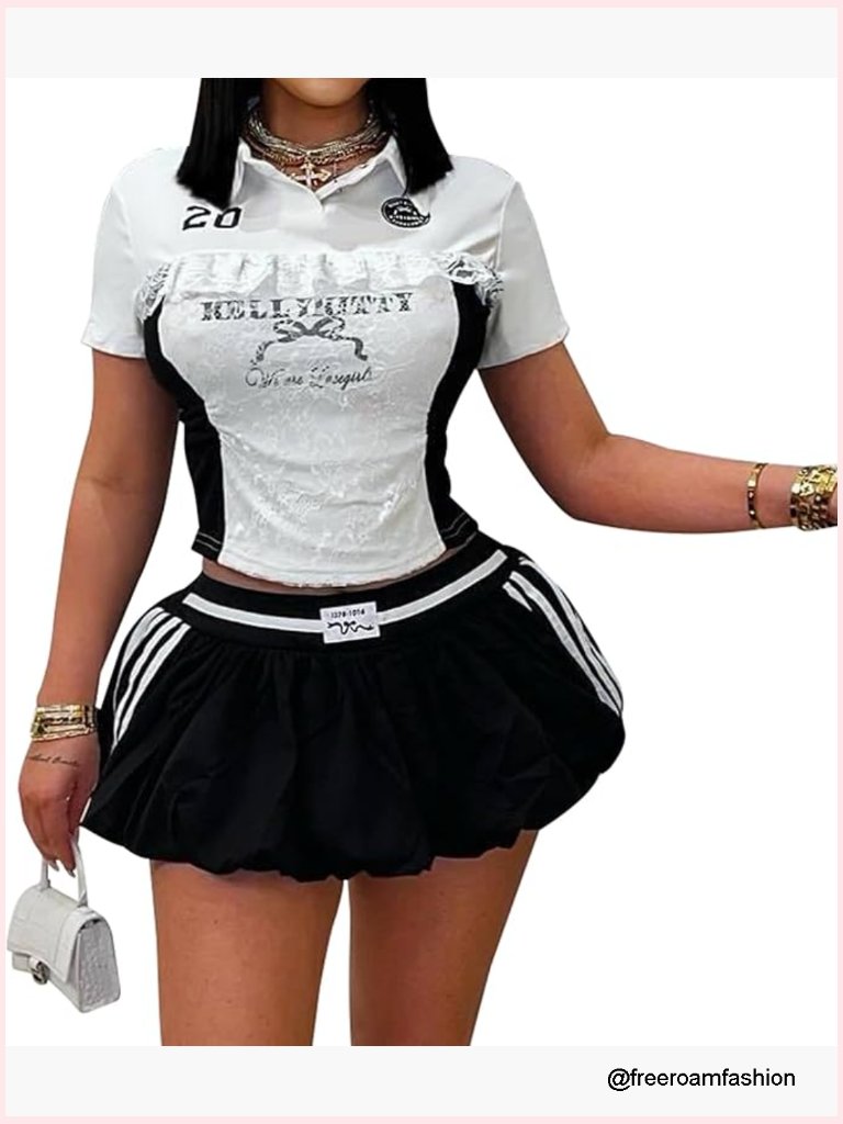 Y2k Crop Top & Pleated Bubble Mini Skort Set Going Out